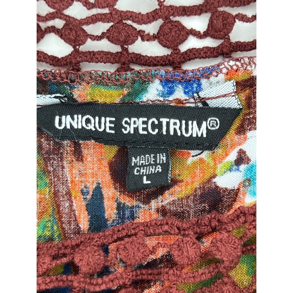 Unique Spectrum Floral Crochet Trim Blouse Short Sleeve Top Orange Red L - Picture 7 of 9